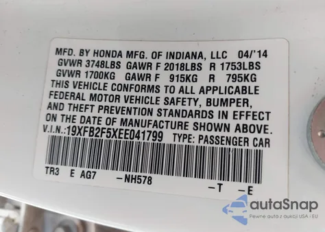 2014 Honda Civic Lx из США, поврежденный, VIN 19XFB2F5XEE041799